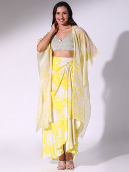 Sakshi Girri - Yellow Floral Printed Skirt with Blouse and Cape (Set of 3)