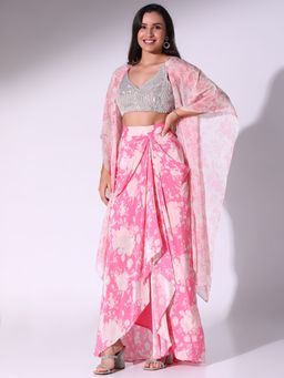 Sakshi Girri - Pink Floral Printed Blouse with Skirt and cape (Set of 3)