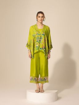 Sakshi Girri - Lime Green Botanical Short Kaftan & Ankle Pant (Set of 3)