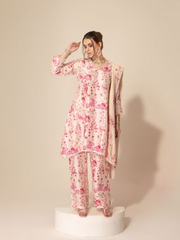 Sakshi Girri - Pink Botanical Printed Kurta with Pant and Dupatta (Set of 3)
