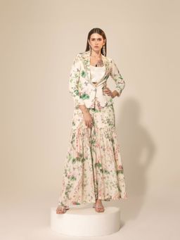 Sakshi Girri - Ivory Botanical Printed Blazer with Sharara (Set of 2)