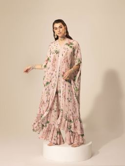 Sakshi Girri - Blush Pink Botanical Long Kaftan with Sharara (Set of 2)