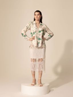Sakshi Girri - Ivory Botanical Printed Shirt with Chantilly Lace Skirt (Set of 2)