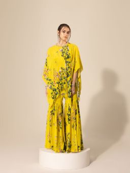 Sakshi Girri - Yellow Botanical Asymmetric Top with Sharara (Set of 2)