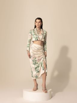 Sakshi Girri - Beige Botanical Cropped Blazer with Skirt (Set of 2)