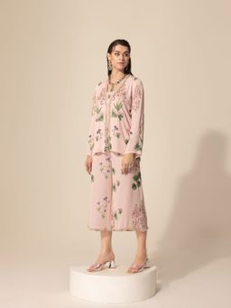 Sakshi Girri - Blush Pink Botanical Top with Culottes (Set of 2)