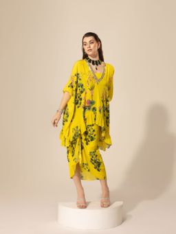 Sakshi Girri - Yellow Botanical Short Kaftan Tunic with Drawstring Skirt (Set of 2)