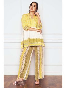 Sakshi Girri - Yellow Pleated Peplum Tunic with Straight Pant (Set of 2)