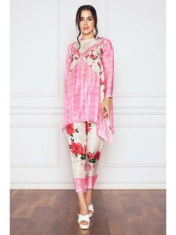 Sakshi Girri - Pink Poppy Floral Silk Short Tunic with Narrow Pant (Set of 2)