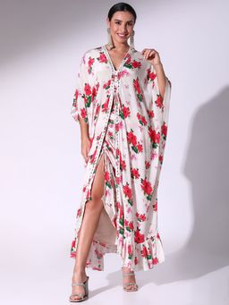 Sakshi Girri - Off White Poppy Floral Kaftan with Drawstring Skirt (Set of 2)