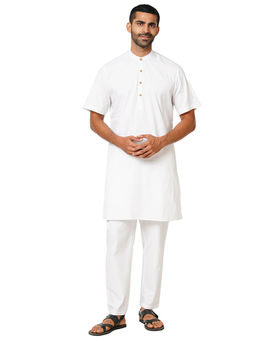 Indivisual - Mens Bright White Premium Cotton Solid Kurta with Pant (Set of 2)