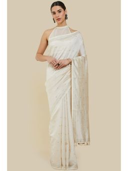 Soch - Women Off White Silk Embellished & Sequined Saree with Unstitched Blouse