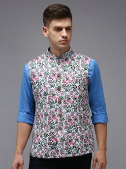 SHOWOFF - Men Printed White Ethnic Nehru Jacket