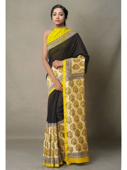 Unnati Silks - Black Beige Pure Preet Bagru Sico Saree with Unstitched Blouse