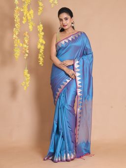 CHARUKRITI - Blue Silk Zari Temple Borders & Chevron Pallu Handwoven Saree with Unstitched Blouse
