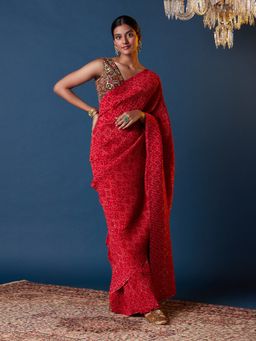 Gajra Gang - Rangreza Red Bandhani Printed Pleated Saree GGSAR21 (Free Size)