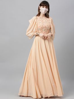 Ethnovog - Ready To Wear Peach Embroidered Round Neck Gown