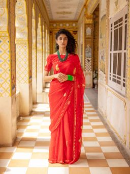Geroo Luxe - Red Handcrafted Gota Patti Chiffon Saree