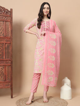 Yufta - Pink Printed Cotton Kurta Trouser & Dupatta (Set of 3)