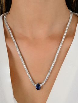 METALM - Women 925 Silver Pear Cut Blue Diamond Drop Necklace