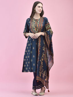 Shree - Women Poly Viscose Blue Floral Print Kurta with Pant & Dupatta (Set of 3)