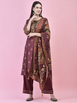 Shree - Women Poly Viscose Purple Floral Print Kurta with Pant & Dupatta (Set of 3)