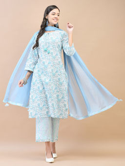 Shree - Women Cotton White & Blue Floral Print Kurta with Pant & Dupatta (Set of 3)