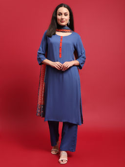 Shree - Women Viscose Blue Solid Kurta with Pant & Dupatta (Set of 3)