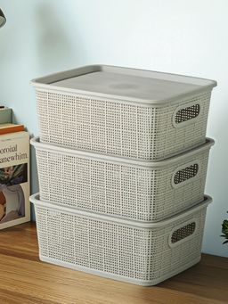 Kuber Industries - Grey Plastic Solitaire Storage Basket With Lid (Pack of 3)