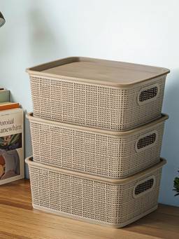 Kuber Industries - Brown Plastic Solitaire Storage Basket With Lid (Pack of 3)