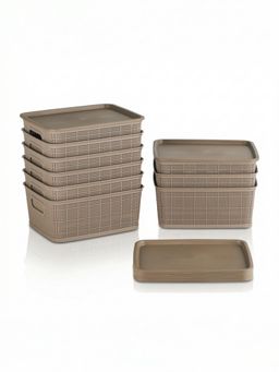 Kuber Industries - Brown Plastic Solitaire Storage Basket With Lid (Pack of 9)