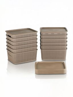 Kuber Industries - Brown Plastic Solitaire Storage Basket With Lid (Pack of 12)