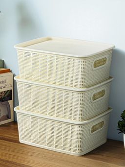 Kuber Industries - Ivory Plastic Solitaire Storage Basket With Lid (Pack of 3)