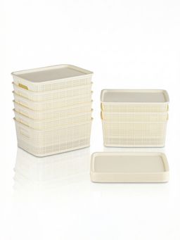 Kuber Industries - Ivory Plastic Solitaire Storage Basket With Lid (Pack of 9)