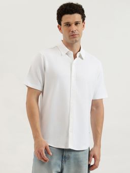 United Colors of Benetton - Mens White Spread Collar Solid Waffle Knit Shirt