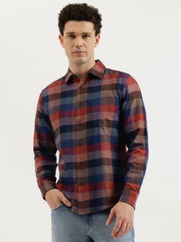 United Colors of Benetton - Maroon Regular Fit Spread Collar Checks Washed Shirt
