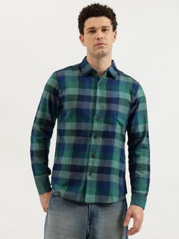United Colors of Benetton - Green Regular Fit Spread Collar Checks Washed Shirt