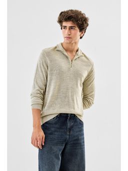 Snitch - Beige Solid Full Sleeves Regular Casual Sweater