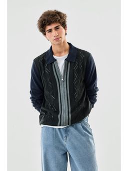 Snitch - Navy Blue Geometric Full Sleeves Regular Casual Sweater