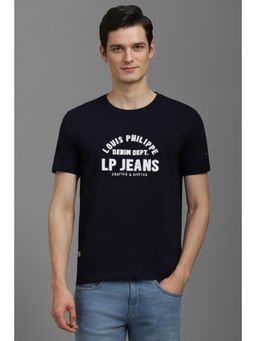 Louis Philippe - Mens Navy Blue Graphic Print Crew Neck T-Shirt