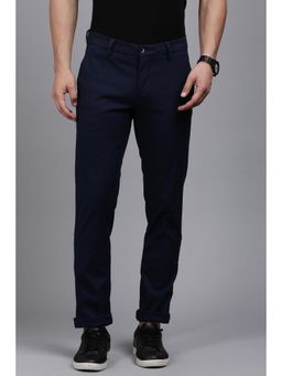 Louis Philippe - Mens Navy Blue Slim Fit Solid Flat Front Casual Trouser