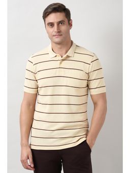 Peter England - Mens Beige Stripes Polo Neck T-Shirt