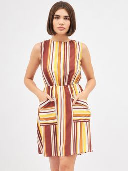 Kibo - Womens Striped Multi-Colored Pocket A-Line Dress