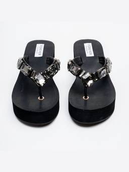 FOREVER SHOE BAZAR - Black Orabella Jewel Wedge Sandals