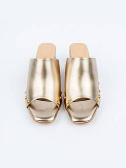 FOREVER SHOE BAZAR - Golden Stud Story Block Heel Mules