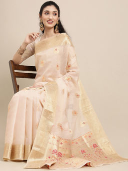 Akhilam - Cream Festive Silk Blend Woven Design Saree With Unstitched Blouse