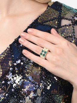 Zaveri Pearls - Green Kundan & Pearls Beaded Elasticated Fusion Ring-ZPFK14735