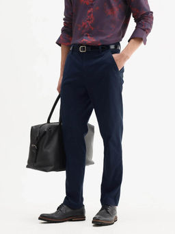 Rare Rabbit - Men Smart Navy Blue Cotton Blend Fabric Plain Trouser