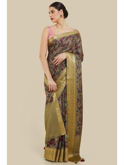 Soch - Women Green Silk Printed Saree with Unstitched Blouse