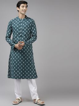 See Designs - Men Teal Blue & Off White Printed Straight Kurta